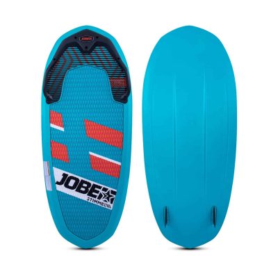 Wakeskate board i lyseblå med røde og hvide detaljer. Tekst: Jobe Stimmel. Bagsiden er ensfarvet blå.