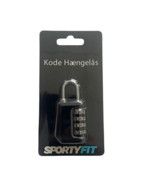Sort hængelås med kode, pakket i en sort blisterpakke med teksten "Kode Hængelås" og mærket "SportyFit".