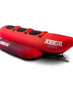 En rød Jobe Chaser bananbåd til tre personer med sorte siddepuder og orange håndtag.