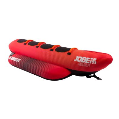 Rød bananbåd med plads til 4 personer, sorte siddefelter og orange håndtag. Tekst: "JOBE CHASER IV".