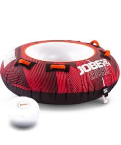 Jobe Crusher Funtube 1P er en rund, rød og sort oppustelig tube med fire orange håndtag og hvidt interiør.