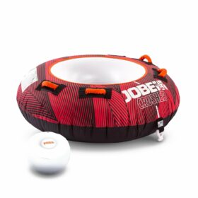 Jobe Crusher Funtube 1P er en rund, rød og sort oppustelig tube med fire orange håndtag og hvidt interiør.