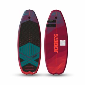Jobe Pace Wakesurfer er rød og sort med mønstre og logoer, har en struktureret overflade og en moderne stil.