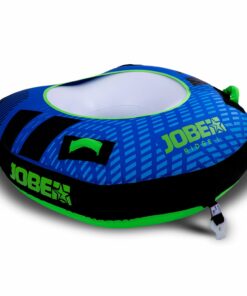 En blå og grøn oppustelig funtube med sorte striber og Jobe Ridge-logoen i lysegrøn.