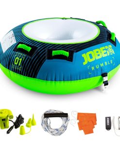 Jobe Rumble Funtube 1P Pakke Teal: Rund, oppustelig tube med håndtag, pumpe, tov, flag og sikkerhedskrog.