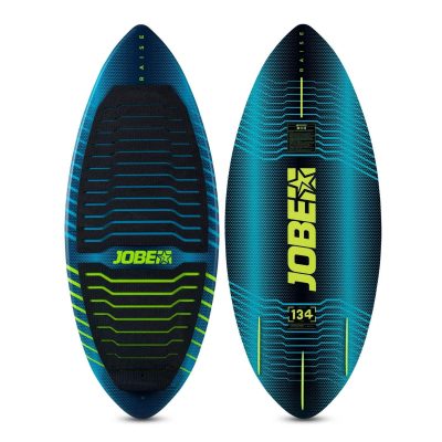 Jobe Raise Wakesurfer i blå og sort med gule detaljer. Har Jobe-logo og et mønster på overfladen.