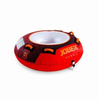 Jobe Rumble Funtube 1P i rød er en rund oppustelig tube med håndtag og plads til én person.