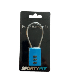 Blå kodehængelås med tre cifre. Emballagen er sort med teksten "Kode Hængelås" og mærket "SportyFit".