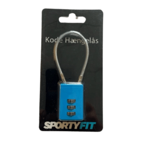Blå kodehængelås med tre cifre. Emballagen er sort med teksten "Kode Hængelås" og mærket "SportyFit".