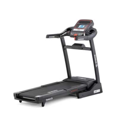 Sort Reebok ZJET 460 løbebånd med Bluetooth, digital skærm, kopholdere og robuste håndtag.