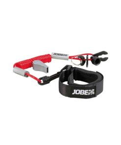 Rød spiralrem med sort velcrobånd og fløjte. Mærket 'Jobe' på både rem og bånd.