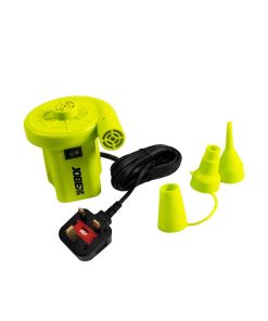 Jobe Luftpumpe med UK-stik, 230V. Gul pumpe med sort ledning og tre udskiftelige mundstykker.
