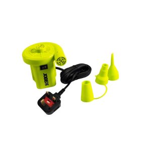 Jobe Luftpumpe med UK-stik, 230V. Gul pumpe med sort ledning og tre udskiftelige mundstykker.