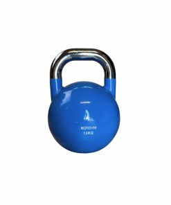 En blå 12 kg kettlebell fra Norgym Pro med et skinnende metalhåndtag og "Norgym 12KG" skrevet på forsiden.