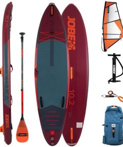 Jobe Mohaka Windsurf - SUP 10.2 pakke inkluderer bræt, padle, pumpe, sejl, snor og en blå opbevaringspose.