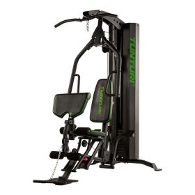 TUNTURI HG60 Multimaskine Homegym er en sort træningsmaskine med grønne accenter og flere funktioner.