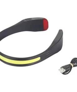 Sort, letvægt pandelampe med LED-lys og en rød baglygte. Inkluderer en opladningskabel med USB-stik.