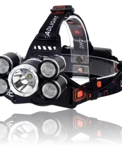En kraftig pandelampe med fem LED-lys og justerbar hovedrem. Den er genopladelig via USB.