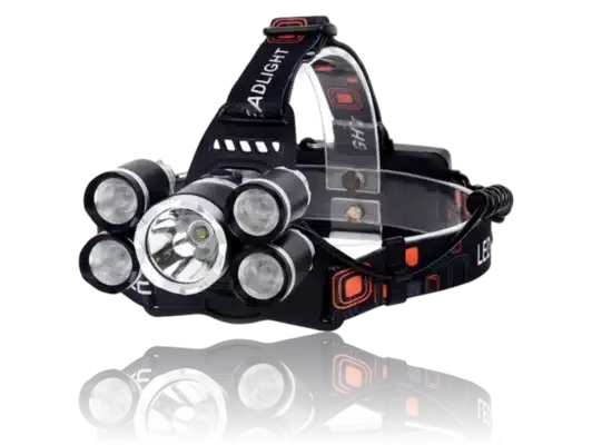 En kraftig pandelampe med fem LED-lys og justerbar hovedrem. Den er genopladelig via USB.