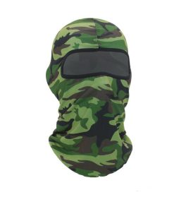 Camo balaclava with mesh eye covering.