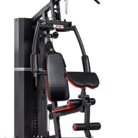 Homegym MS600S med sort og rød polstring, justerbare sæder og håndtag, samt flere træningsfunktioner.