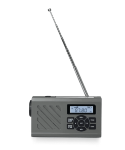 En grå nød-radio med antenne, solcellepanel, LCD-skærm og knapper til volumen, tuning, scanning og indstilling.