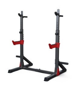 Sort squat rack med røde safetybars og justerbare holdere. Robust design med solid base for stabilitet.