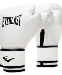 Everlast Core2 hvide boksehandsker med sort logo og velcrolukning, designet til træning og konkurrence.