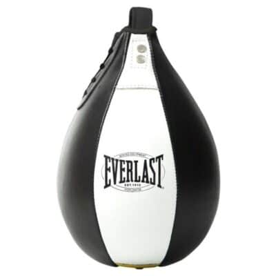 Sort og hvid speedbag med Everlast-logo i midten, to metal knapper øverst og sort snøring langs siden.