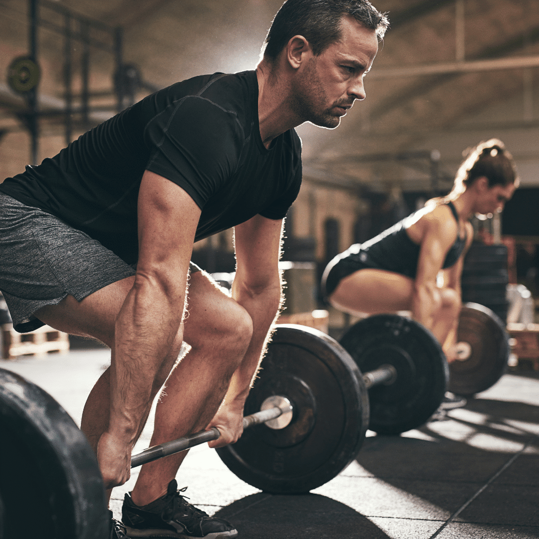 To personer løfter vægtstænger i et fitnesscenter.