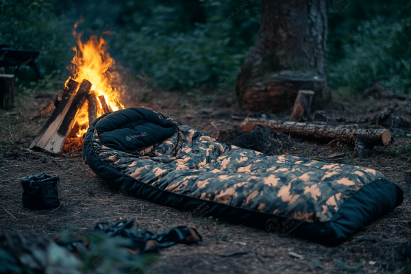 Soveposer. En sovepose ved siden af et bål på en campingtur i det fri.
