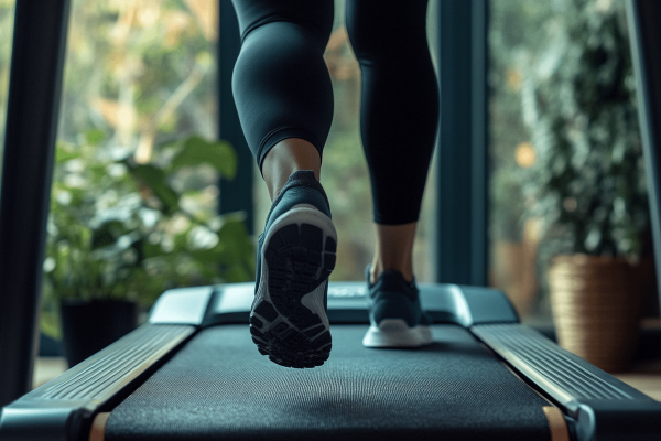 Cardio. En person går på et løbebånd i deres hjem.