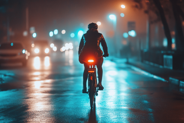 Cykellygter. En kvindelig cykellist, cykler om aftenen med cykellygter og cykelhjelm.