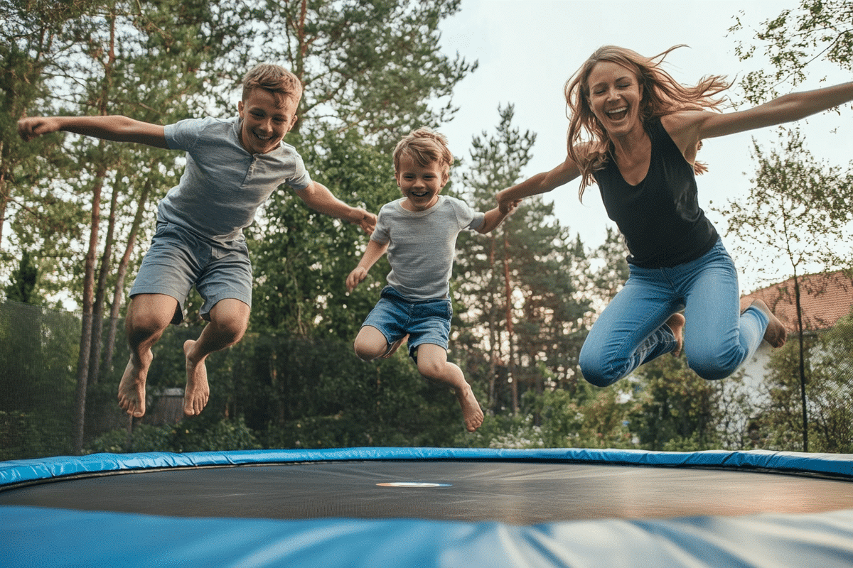 Tre mennesker hopper på en trampolin i haven.