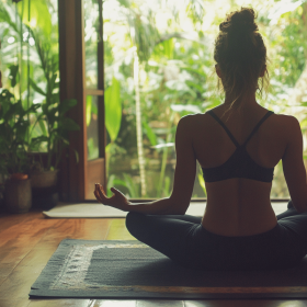 Person sidder på yogamåtte i meditationsstilling foran træramme og grønne planter.