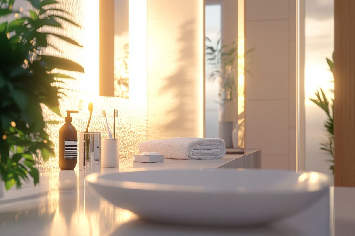 Water flosser mundskyller Badeværelse med planter og personlige plejeprodukter