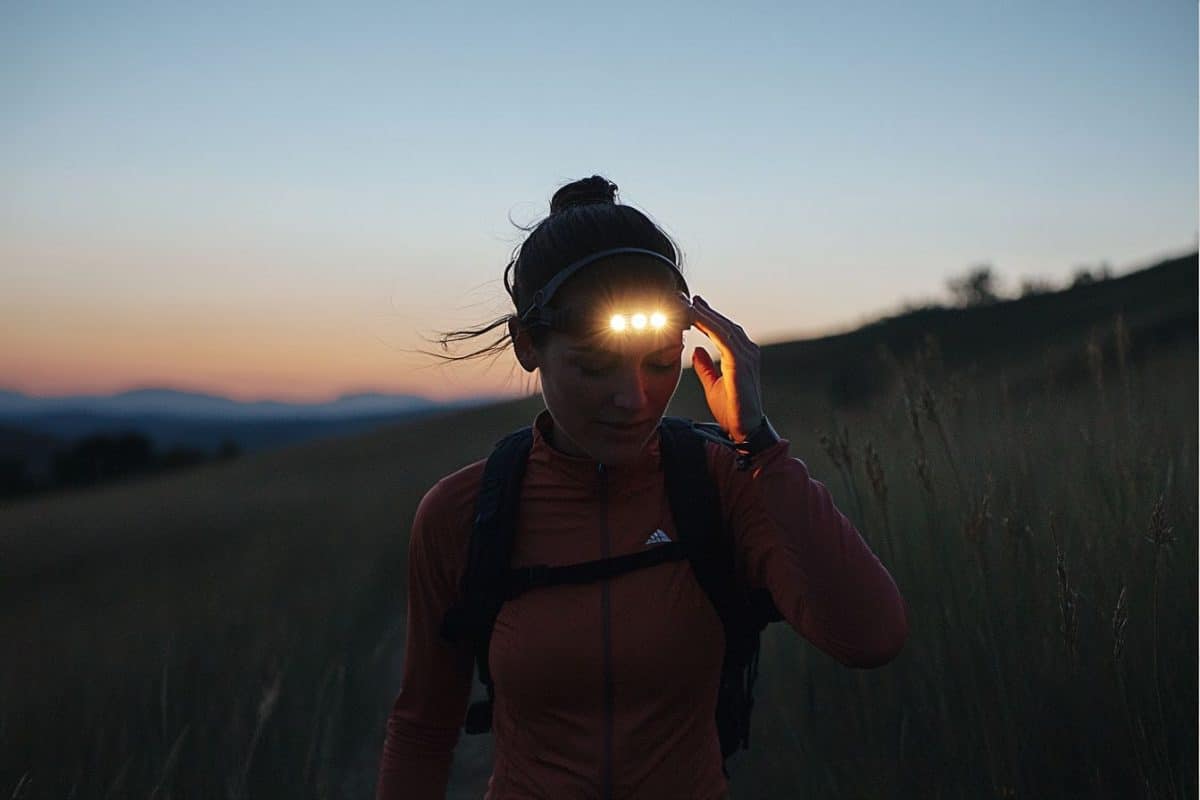 Kvinde med pandelampe ved solnedgang.