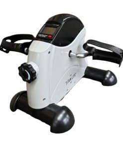 En hvid mini motionscykel med sort display.