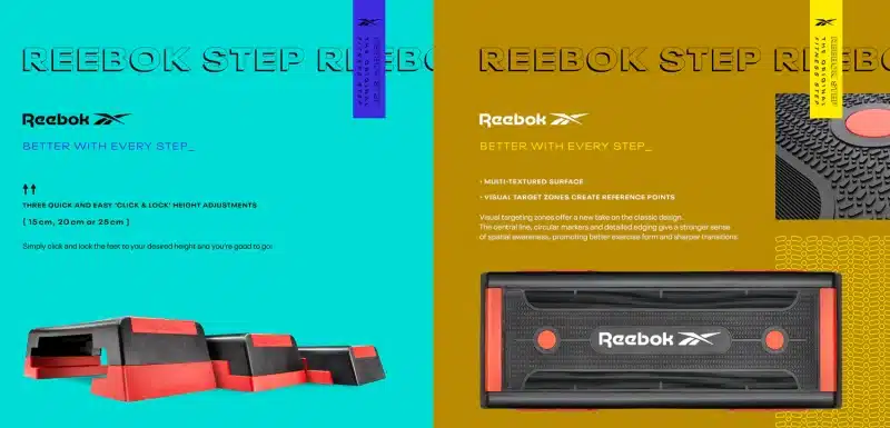 Reebok Step med justerbare højder og tekstureret overflade.