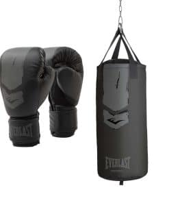 Sorte Everlast boksehandsker og boksepude.