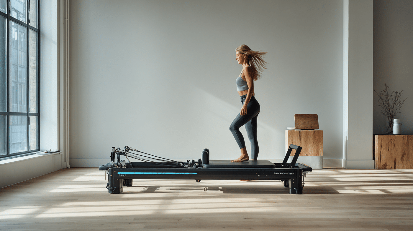 En kvinde træner på en Pilates reformer-maskine i et minimalistisk rum med lyse trægulve og store vinduer, der slipper naturligt lys ind. Hun er iført en grå sports-bh og mørke leggings.