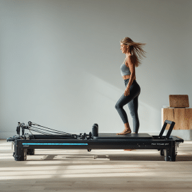 En kvinde træner på en Pilates reformer-maskine i et minimalistisk rum med lyse trægulve og store vinduer, der slipper naturligt lys ind. Hun er iført en grå sports-bh og mørke leggings.