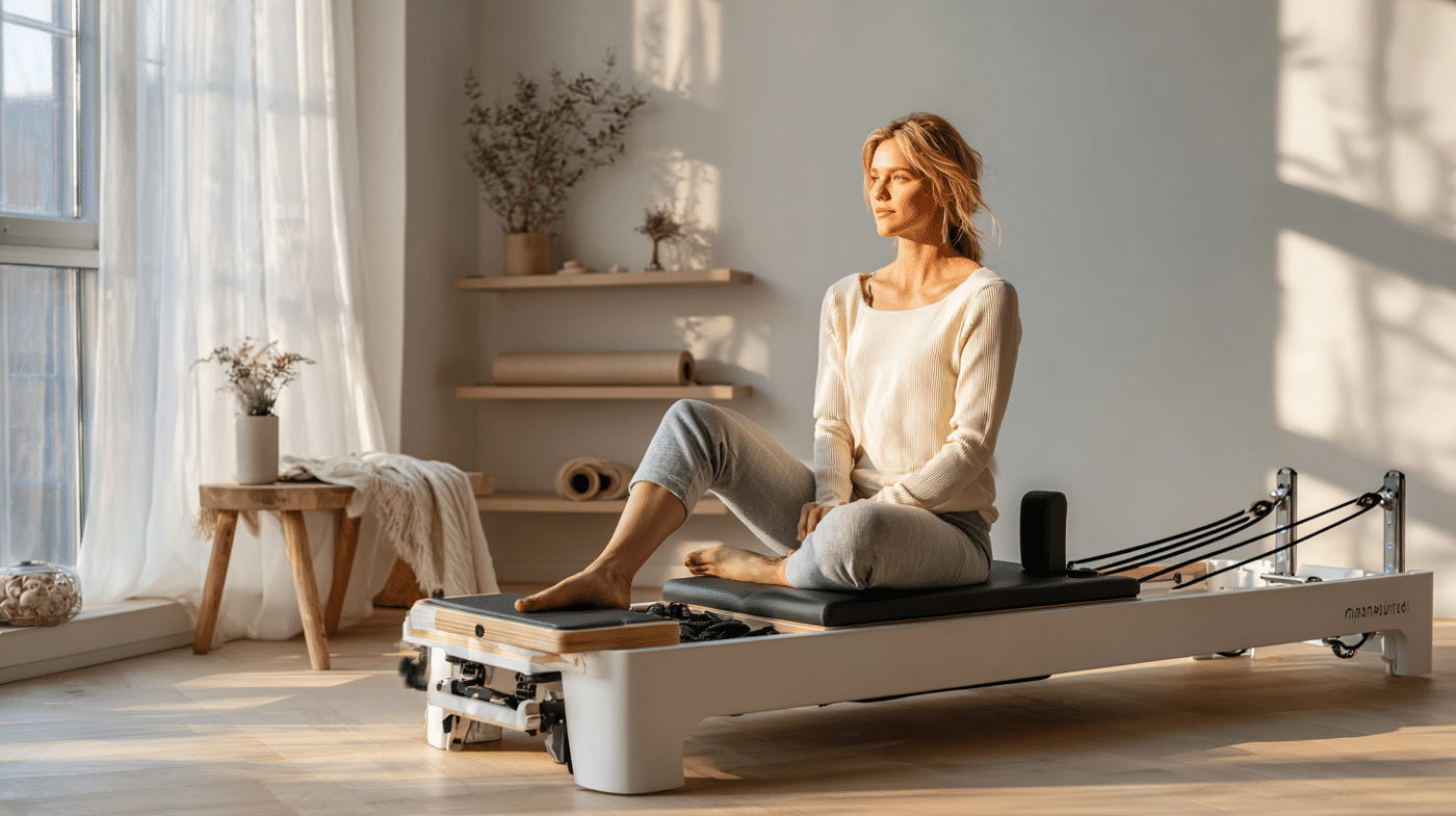 Kvinde sidder på en Pilates reformer maskine