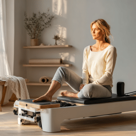 Kvinde sidder på en Pilates reformer maskine