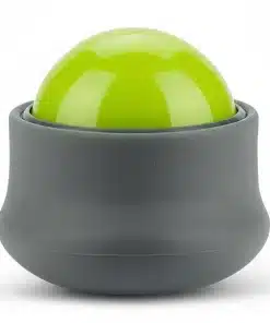 En grøn massagebold i en grå holder.