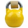 Gul kettlebell med etiket øverst.