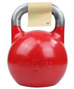 Rød kettlebell med etiket