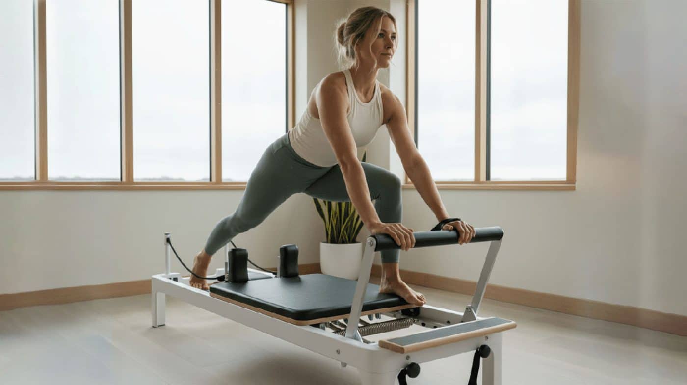 Kvinde laver øvelser på en Pilates Reformer.