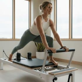 Kvinde laver øvelser på en Pilates Reformer.