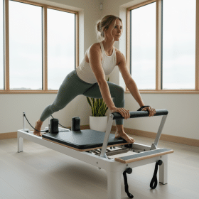 Kvinde laver øvelser på en Pilates Reformer.